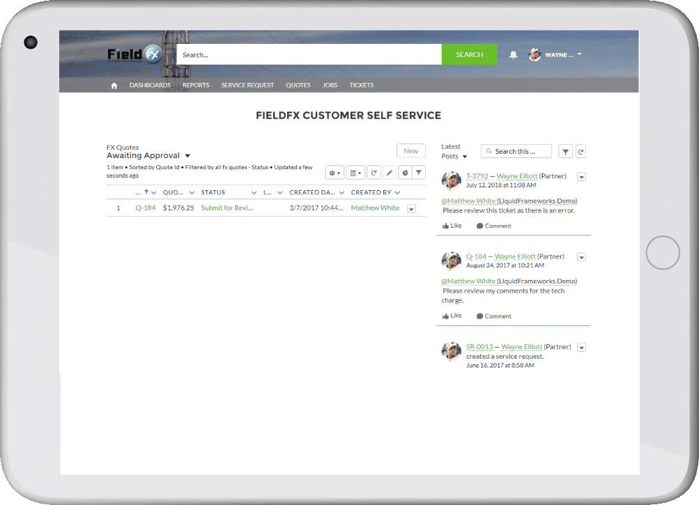FieldFX Customer Self-Service on tablet