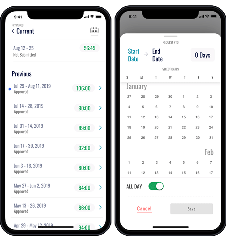 FieldFX Timecards: previous timecards and requesting PTO on mobile